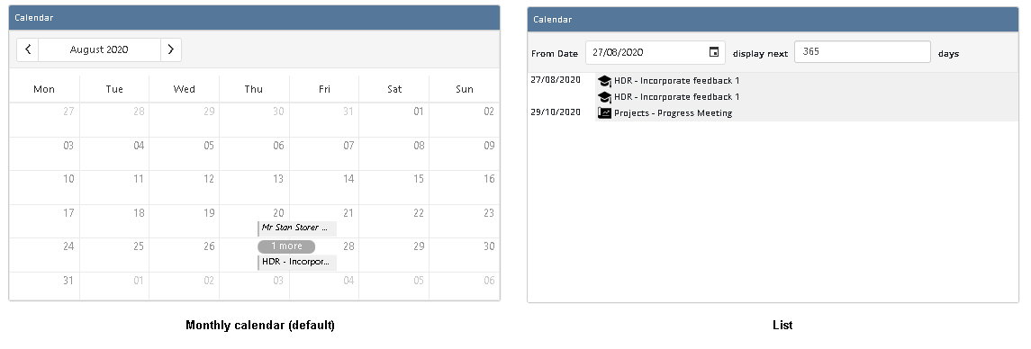 Images showing the monthly calendar and list display options